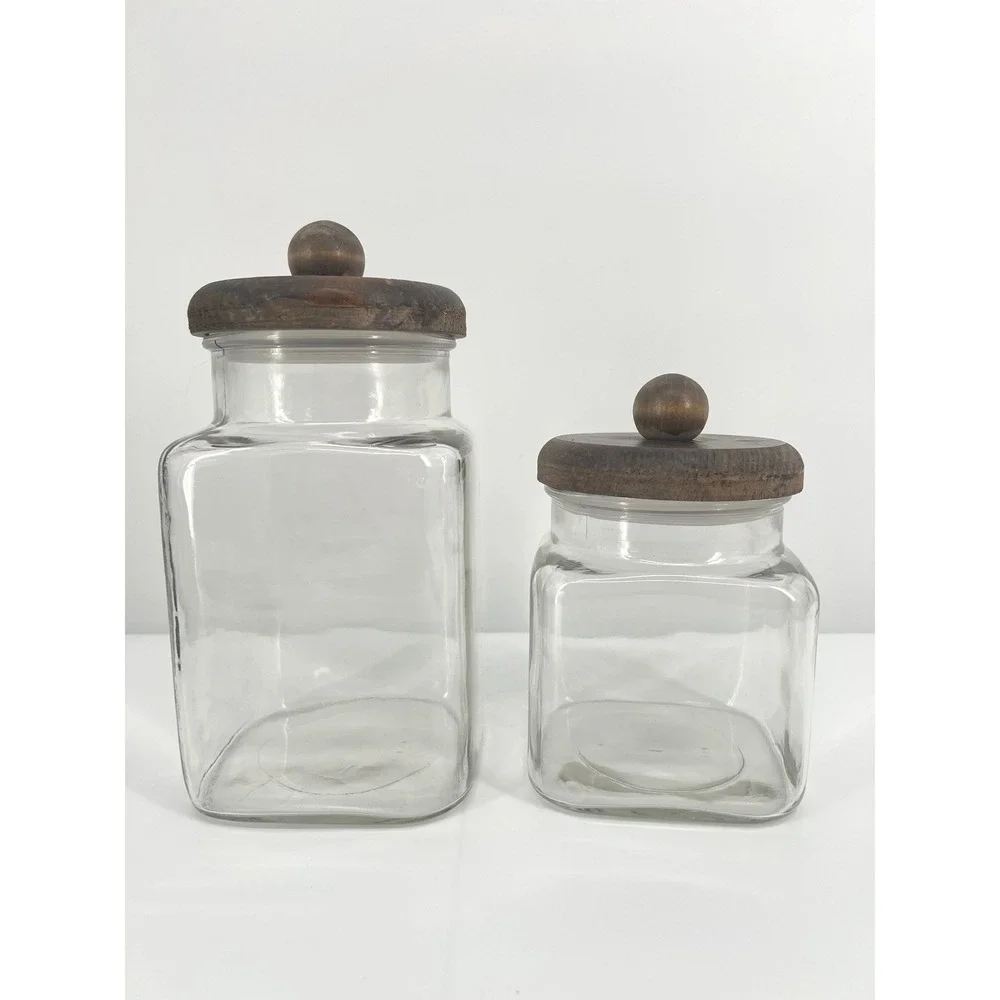 Vintage Anchor Hocking Clear Glass Canister Set Wood Lids Farmhouse Rustic
